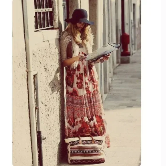 Free People Ethnic Rose Floral Print Boho Maxi Dress Gown Size S New - Picture 3 of 6